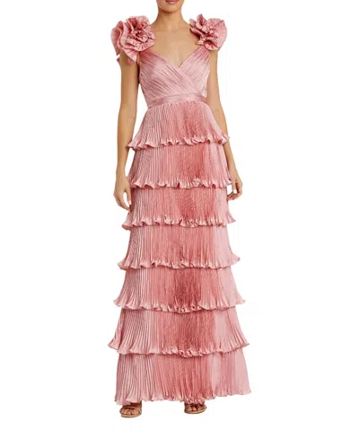 Mac Duggal Pleated Charmeuse Tiered Gown With Ruffle Straps In Rose