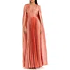 Mac Duggal Pleated Charmeuse V Neck Gown With Cape