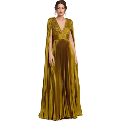 Mac Duggal Pleated Charmeuse V Neck Gown With Cape In Chartreuse