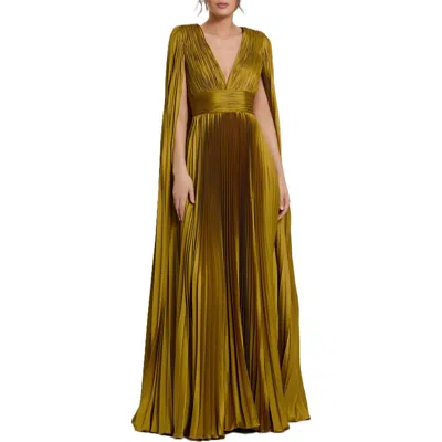 Mac Duggal Pleated Charmeuse V Neck Gown With Cape In Chartreuse