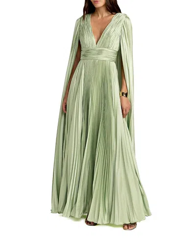 Mac Duggal Pleated Charmeuse V Neck Gown With Cape In Green