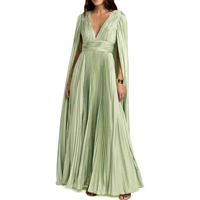 Mac Duggal Pleated Charmeuse V-neck Gown With Cape Sleeves In Green
