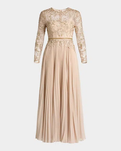 Mac Duggal Pleated Chiffon And Bead-embroidered Mesh Gown In Nude