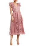 Mac Duggal Chiffon Ruffled Midi Dress With Pleated Detailing In Rose