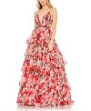 Mac Duggal Floral Printed Chiffon Ruffle Tiered Cut Out Ballgown In Pink Multi