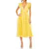 Mac Duggal Pleated Chiffon V Neck Ruffle Midi Dress In Butter