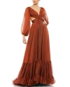 Mac Duggal Pleated Cut Out Long Sleeve Lace Up Tiered Gown In Copper