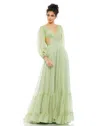 Mac Duggal Pleated Cut Out Long Sleeve Lace Up Tiered Gown In Sage