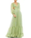 Mac Duggal Pleated Cut Out Long Sleeve Lace Up Tiered Gown