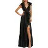 Mac Duggal Pleated Feather Cap Sleeve Open Back Gown In Black