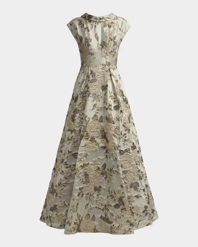 Mac Duggal Pleated Floral Brocade A-line Gown In Platinum M