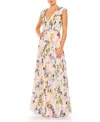 Mac Duggal Pleated Floral Cap Sleeve A Line Gown In Neutral