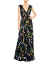 Mac Duggal Pleated Floral Cap Sleeve A Line Gown In Blue