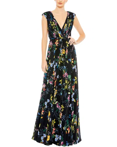 Mac Duggal Pleated Floral Cap Sleeve A Line Gown In Blue