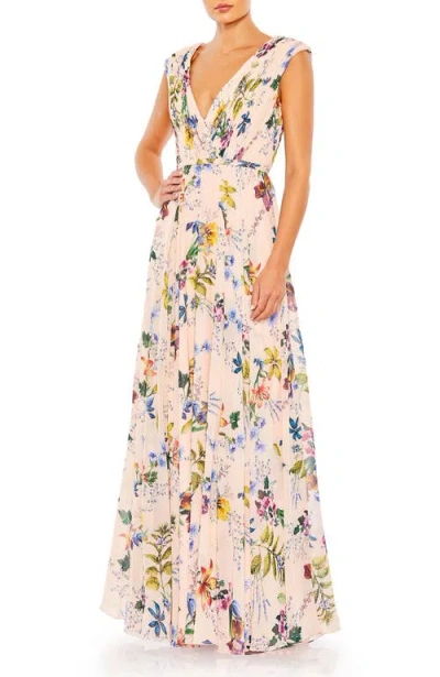 Mac Duggal Pleated Floral Cap Sleeve A Line Gown In Pink Multi