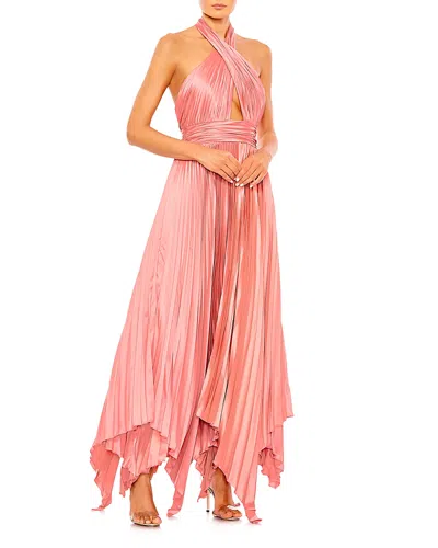 Mac Duggal Pleated Halter Neck Asymmetrical Hem Gown In Rose Pink