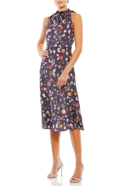 Mac Duggal Pleated Halter Neck Floral Dress With Ruffle Collar And Dual Ties In Plum Floral