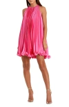 Mac Duggal Pleated Halter Neck Flowy Mini Trapeze Dress In Candy Pink