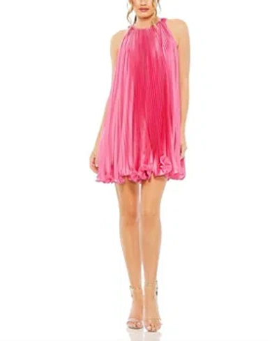Mac Duggal Pleated Halter Neck Flowy Mini Trapeze Dress In Candy Pink