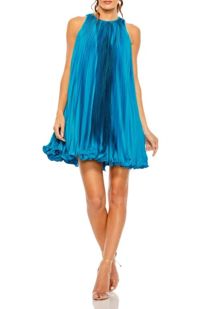 Mac Duggal Pleated Halter Neck Flowy Mini Trapeze Dress In Blue