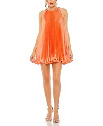 Mac Duggal Pleated Halter Neck Flowy Mini Trapeze Dress In Tangerine