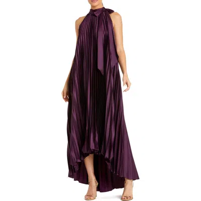 Mac Duggal Pleated Halter Neck High Low Gown In Purple