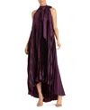 Mac Duggal Pleated Halter Neck High Low Gown In Purple