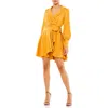 Mac Duggal Pleated High Low Short Wrap Dress In Marigold