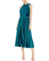 Mac Duggal Pleated High Neck Kitten Bow Midi Dress In Blue
