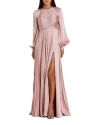 Mac Duggal Pleated High Neck Raglan Long Sleeve Side Slit Gown