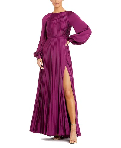 Mac Duggal Pleated High Neck Raglan Long Sleeve Side Slit Gown In Purple