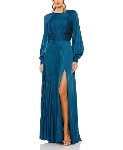 Mac Duggal Pleated High Neck Raglan Long Sleeve Side Slit Gown In Blue