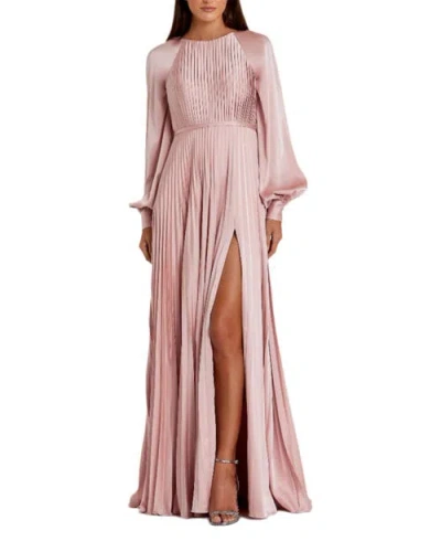 Mac Duggal Pleated High Neck Raglan Long Sleeve Side Slit Gown In Pink