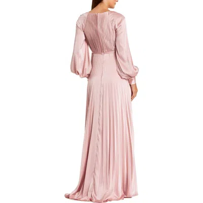 Mac Duggal Petite Long Sleeve Pleated High Neck Gown With Slit In Pink
