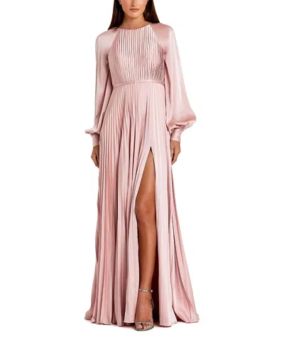 Mac Duggal Pleated High Neck Raglan Long Sleeve Side Slit Gown In Pink
