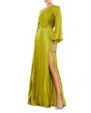 Mac Duggal Long Blouson Sleeve Pleated High Neck Gown In Apple Green