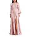 Mac Duggal Pleated High Neck Raglan Side Slit Gown In Blush
