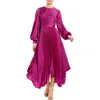 Mac Duggal Pleated Long Sleeve Handkerchief Hem Midi Cocktail Dress In Fuchsia