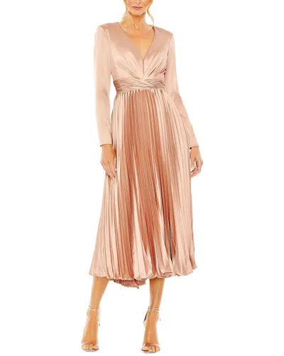 Mac Duggal Pleated Long Sleeve V-neck Dress In Neutral