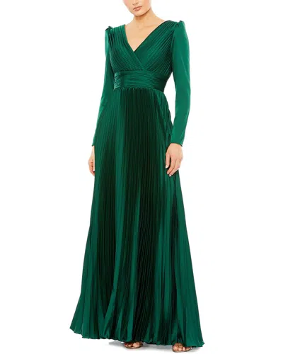 Mac Duggal Pleated Long Sleeve V-neck Gown In Green