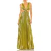 Mac Duggal Pleated Metallic Cutout Bodice With Open Back Gown In Chartreuse