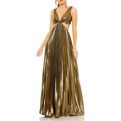 Mac Duggal Pleated Metallic Cutout Bodice With Open Back Gown In Gold