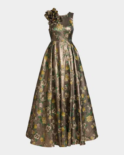Mac Duggal Sleeveless Brocade Ballgown With 3d Flower In Multi