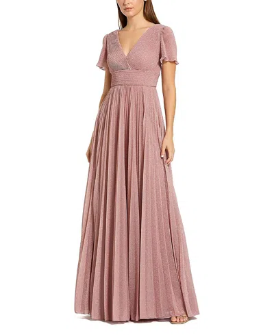 Mac Duggal Pleated Metallic Flutter Sleeve V-neck A-line Gown In Pink