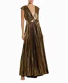 Mac Duggal Pleated Metallic Jersey Gown With Belt In Bronze