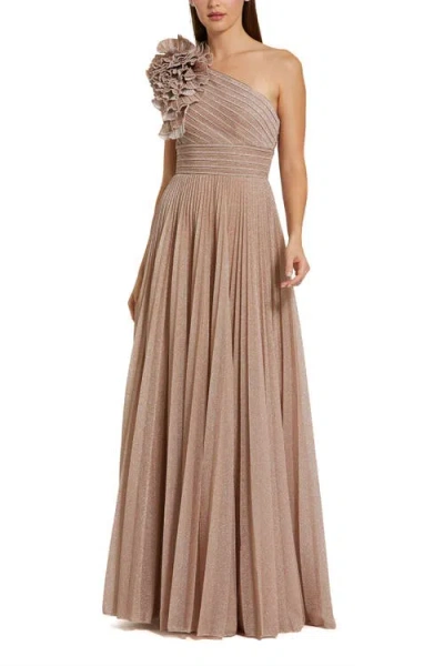 Mac Duggal Pleated Metallic One Shoulder Gown With Ruffle In Neutral