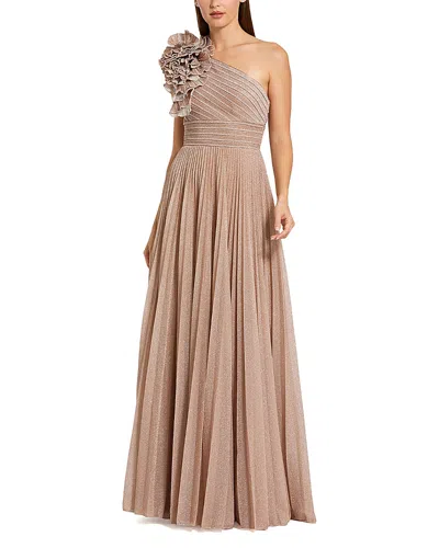 Mac Duggal Pleated Metallic One Shoulder Gown With Ruffle In Neutral