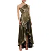 Mac Duggal Metallic Pleated Ruffle Hem One Shoulder High Low Gown In Gold