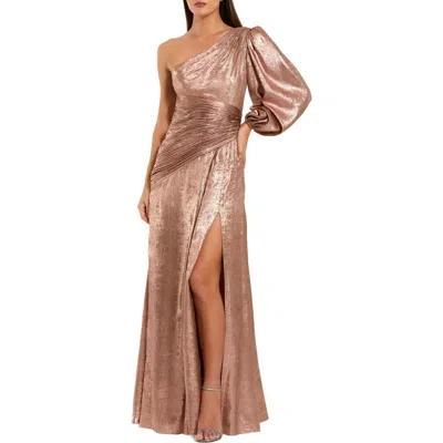Mac Duggal Pleated Metallic One-shoulder Gown With Slit In Brown