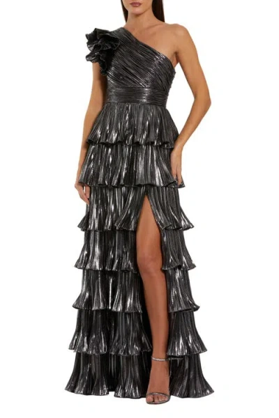 Mac Duggal Pleated Metallic Tiered Ruffle One Shoulder Gown In Black